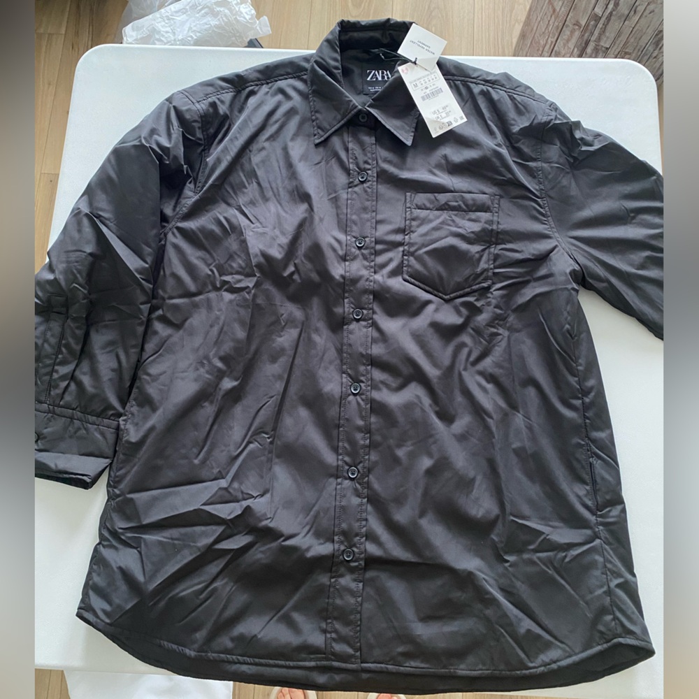Zara Water Repellent Quilted Overshirt shirt Jacket Black button size S NWT - Picture 16 of 16